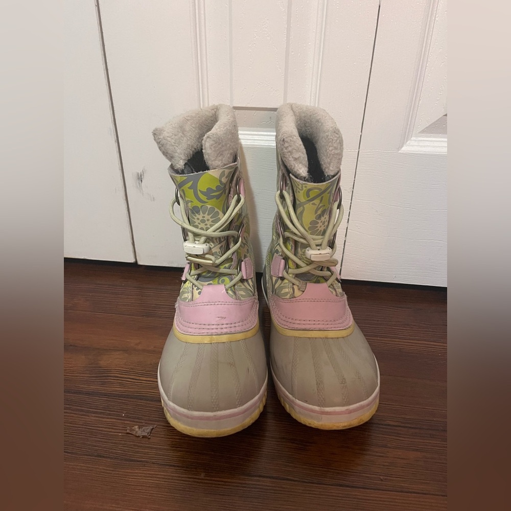 Sorel Yoot Pac Snowboot Gray Chartreuse & Pink Leather Women's Size 5 Girls 3.5